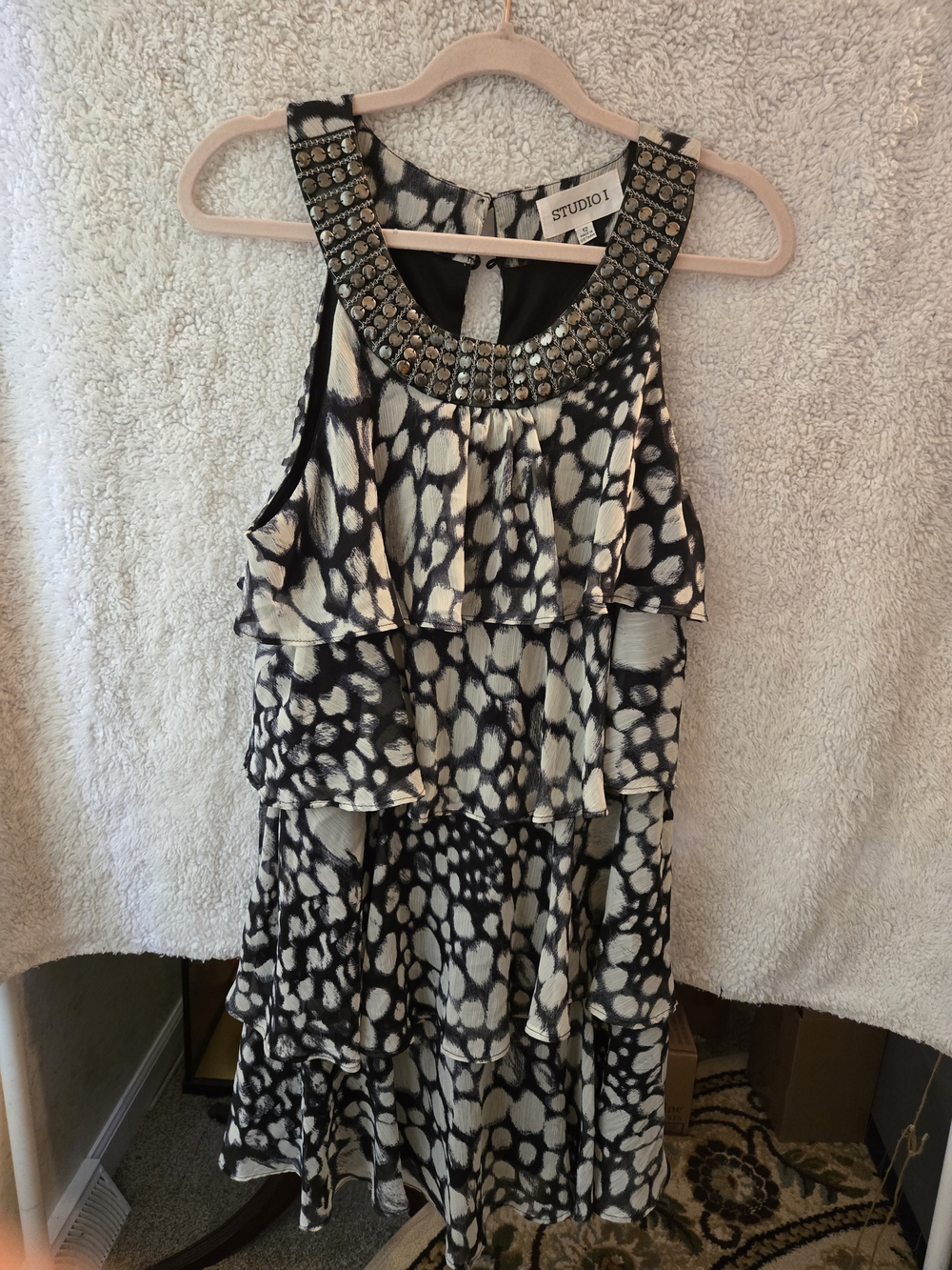 Studio I Black & Ivory Beaded Neckline Dress